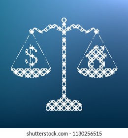 House and dollar symbol on scales. Vector. White textured icon at lapis lazuli gradient background.