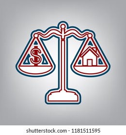 House and dollar symbol on scales. Vector. Dark red, transparent and midnight green stroke of white icon at grayish background.