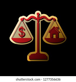 House and dollar symbol on scales. Vector. Red icon with small black and limitless shadows at golden sticker on black background.