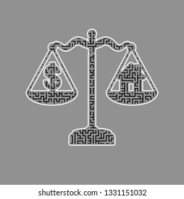 House And Dollar Symbol On Scales. Vector. Black Maze Filled Icon With White Border At Gray Background.