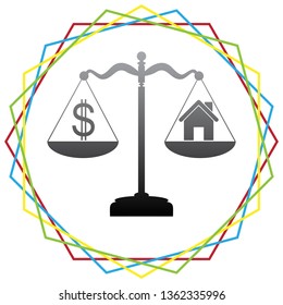 House and dollar symbol on scales. Vector. Black icon with patch of light inside colorful hexagonal frames at white background.