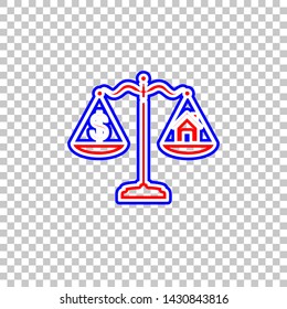 House and dollar symbol on scales. Red, white and contour icon at transparent background. Illustration.