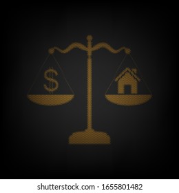 House and dollar symbol on scales. Icon as grid of small orange light bulb in darkness. Illustration.