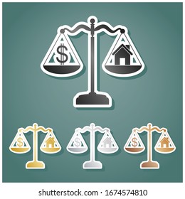 House and dollar symbol on scales. Set of metallic Icons with gray, gold, silver and bronze gradient with white contour and shadow at viridan background. Illustration.
