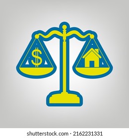 House and dollar symbol on scales. Icon in colors of Ukraine flag (yellow, blue) at gray Background. Illustration.
