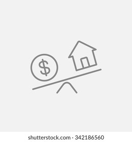 House and dollar symbol on scales line icon for web, mobile and infographics. Vector dark grey icon isolated on light grey background.
