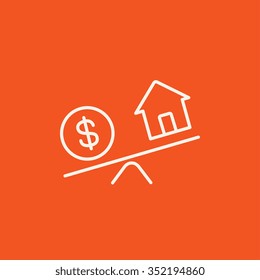 House and dollar symbol on scales line icon for web, mobile and infographics. Vector white icon isolated on red background.