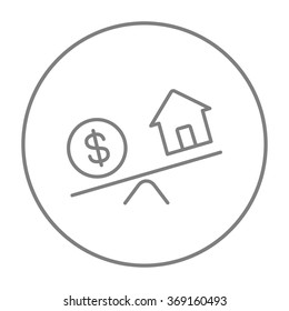 House and dollar symbol on scales line icon.