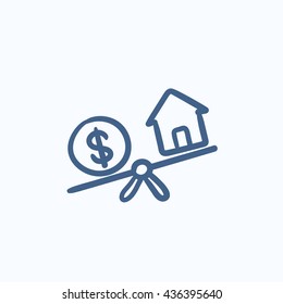House and dollar symbol on scales vector sketch icon isolated on background. Hand drawn House and dollar symbol on scales icon. House and dollar on scales sketch icon for infographic, website or app.