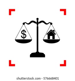 House and dollar symbol on scales. Black icon in focus corners o