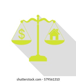 House and dollar symbol on scales. Pear icon with flat style shadow path.
