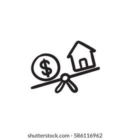 House and dollar symbol on scales vector sketch icon isolated on background. Hand drawn House and dollar symbol on scales icon. House and dollar on scales sketch icon for infographic, website or app.