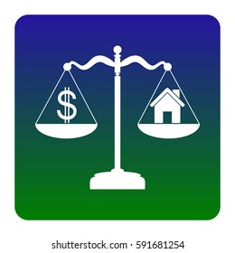 House and dollar symbol on scales. Vector. White icon at green-blue gradient square with rounded corners on white background. Isolated.