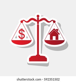 House and dollar symbol on scales. Vector. New year reddish icon with outside stroke and gray shadow on light gray background.
