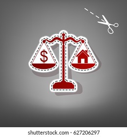House and dollar symbol on scales. Vector. Red icon with for applique from paper with shadow on gray background with scissors.