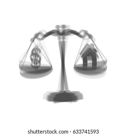 House and dollar symbol on scales. Vector. Gray icon shaked at white background.