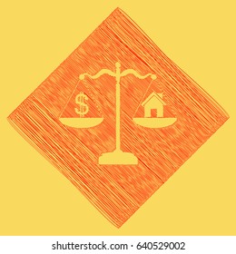 House and dollar symbol on scales. Vector. Red scribble icon obtained as a result of subtraction rhomb and path. Royal yellow background.