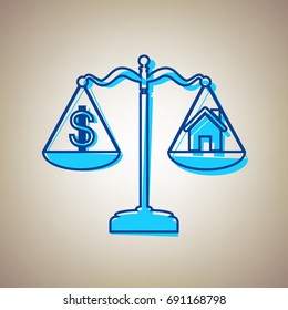 House and dollar symbol on scales. Vector. Sky blue icon with defected blue contour on beige background.