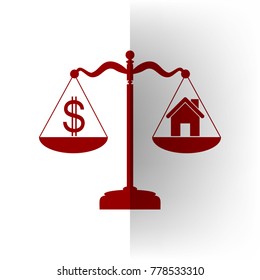 House and dollar symbol on scales. Vector. Bordo icon on white bending paper background.