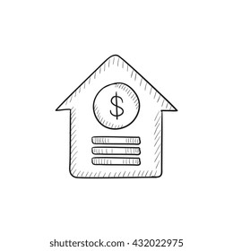 House with dollar symbol vector sketch icon isolated on background. Hand drawn House with dollar symbol icon. House with dollar symbol sketch icon for infographic, website or app.