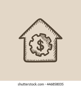 Casa con símbolo de dólar icono de esbozo vectorial aislado en segundo plano. Dibujar mano a la Casa con el símbolo del dólar. Icono de boceto de símbolos de dólar para infografía, sitio web o aplicación.