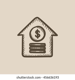 Haus mit Dollarsymbol, Vektorgrafik Symbol einzeln auf Hintergrund. Handgezeichnetes Haus mit Symbol für Dollar. Haus mit Dollar-Symbol-Skizze Symbol für Infografik, Website oder App.