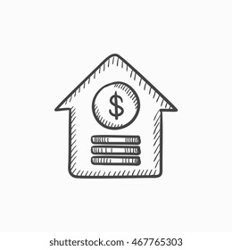 House with dollar symbol vector sketch icon isolated on background. Hand drawn House with dollar symbol icon. House with dollar symbol sketch icon for infographic, website or app.