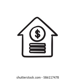Casa con símbolo de dólar icono de esbozo vectorial aislado en segundo plano. Dibujar mano a la Casa con el símbolo del dólar. Icono de boceto de símbolos de dólar para infografía, sitio web o aplicación.