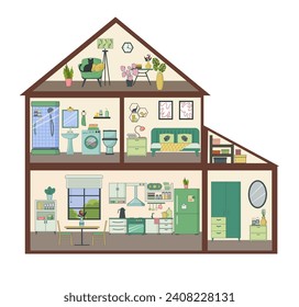 House for dolls with rooms and furniture. Detailed house interior. Modern style. Kitchen with window, hallway, bathroom and bedroom, loft with armchair and flowers. Vector flat illustration.