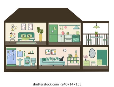 Casa para muñecas con secciones y habitaciones amuebladas. El interior de la casa está muy cuidado. Cocina y baño, sala de estar y dormitorio, pasillo y balcón. Ilustración plana vectorial. Estilo moderno.