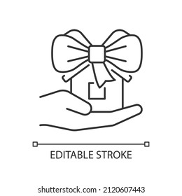 House donative linear icon. Gift dwelling people in need. Real estate charity. Property contribution. Thin line illustration. Contour symbol. Vector outline drawing. Editable stroke. Arial font used