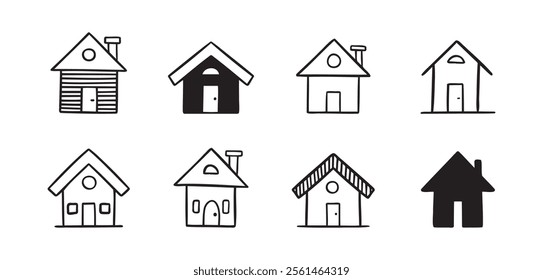 House doodle hand drawn icon set. Outline drawing cute simple homes line clipart symbol collection. Vector illustration