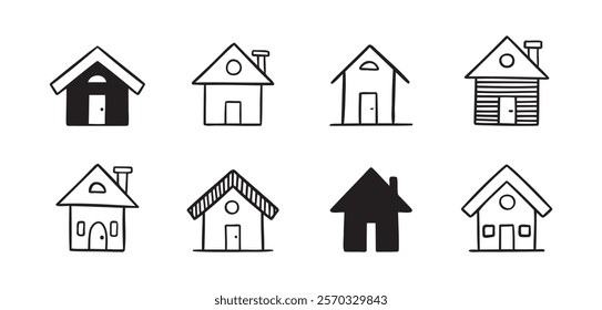 House doodle hand drawn icon set. Outline drawing cute simple homes line clipart symbol collection. Vector illustration