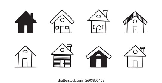 House doodle hand drawn icon set. Outline drawing cute simple homes line clipart symbol collection. Vector illustration