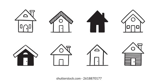 Conjunto de ícone desenhado à mão doodle casa. Desenho de contorno coleção de símbolos clipart de linha de casas simples bonitos. Ilustração vetorial