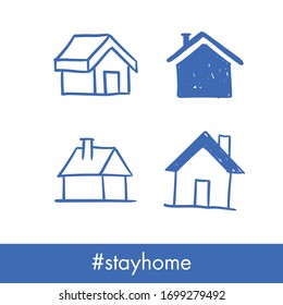House doodle icons. Graphic design elements for stay at home campaign. Hand drawn illustrations.