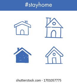 House doodle icons. Graphic design elements for stay at home campaign. Hand drawn illustrations.