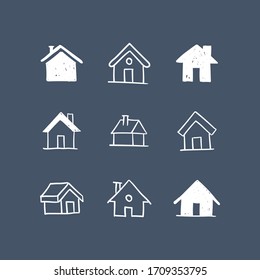 House doodle icons. Graphic design elements for stay at home campaign. Hand drawn illustrations.