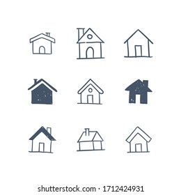 House doodle icons. Graphic design elements for stay at home campaign. Hand drawn illustrations.