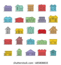 House doodle icons set. Doodle buildings vector illustration for design and web isolated on white background. House doodle vector object for labels, logos