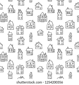 House doodle pattern - village vector illustration. Seamless texture in black and white.