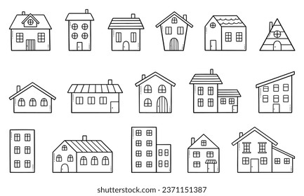 House doodle set. City buildings in sketch style. Hand drawn vector illustration isolated on white background