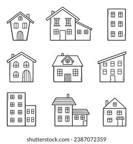 House doodle set. City buildings in sketch style. Hand drawn vector illustration isolated on white background