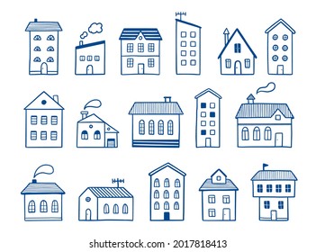 Juego de doodles en la casa. Estilo de esbozo dibujado a mano. Edificio con techo. Ilustración vectorial del icono del hogar, aldea, elemento de ciudad.