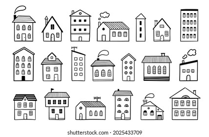 House doodle set. Hand drawn sketch style. House building with roof. Vector illustration for home icon, village, city element.