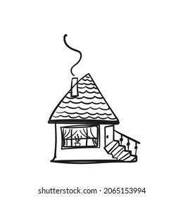 House Doodle, Small Home With Big Window, Smoke From Chimney On Roof Simple Cartoon Black Drawing On White Background, Home Sweet Home