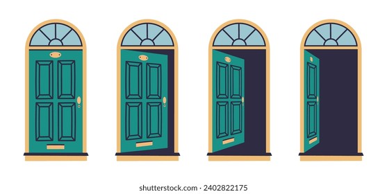 House door animation. Opened and closed wooden doors, entrance door in various positions flat vector illustration set. Apartment close and open doors