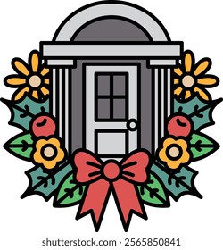 A house with a door and a bow on it. The bow is red and green. The house is decorated with flowers