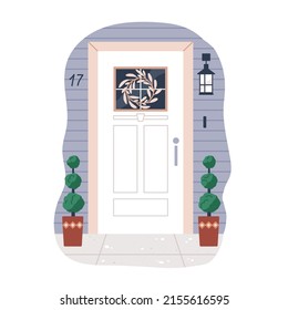 House door exterior. Front home entrance with potted plant, hanging wreath decoration, lamp. Wood building facade with decorated entry. Flat vector illustration isolated on white background