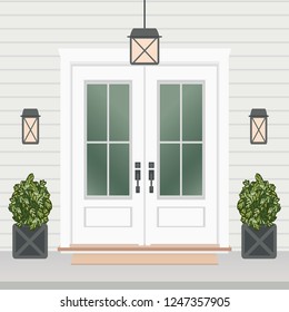 House door front with doorstep and mat, window, lamps, flowers, entry facade building, exterior entrance design illustration vector in flat style